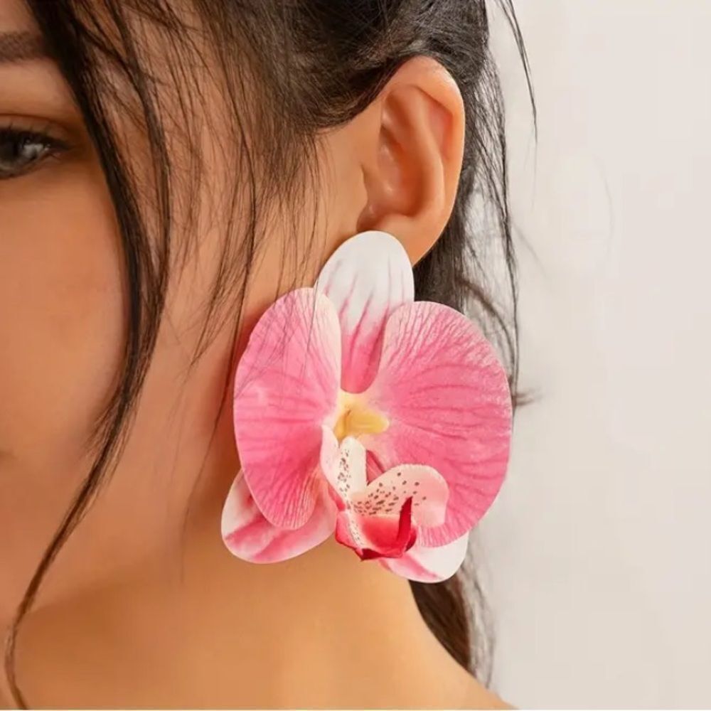 ✨🆕✨ Exquisite Boho Bold Chic Pink White Orchid Flower Stud Earrings ✨ - Picture 5 of 12